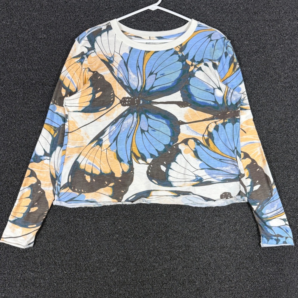 Anthropologie Maeve Butterfly All Over Print Crop Top Blue Yellow Long Sleeve